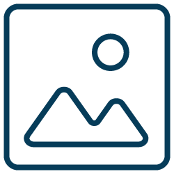 An icon depicting a white and blue pull-up graphics banner with an image in the top half illustrating a mountain scene and text in the bottom half below.