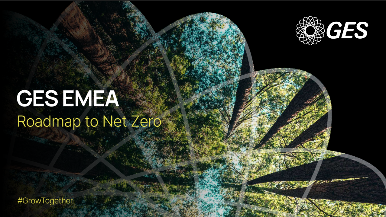 Image displaying the front cover of the GES UK ESG report. The background of the cover has a photo of a woodland forest with a dark transparency over the top. It features bold headline text reading "GES UK: ESG Progress Report." with smaller text below reading "Learn more about how GES is driving the events industry towards a sustainable future." In the bottom right corner there is a white lozenge shape with black text reading "2024". In the left bottom corner there is a logo picture of a white spirograph with the uppercase letters "GES" on the left. 