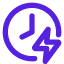 An icon depicting a purple clock with a lightning bolt symbol. The clock face is simple, with purple hour and minute hands pointing to 10 and 2, respectively. The purple lightning bolt, positioned to the right of the clock, indicates speed or quick passage of time. The overall design is clean and minimalistic, using a monochromatic colour scheme.