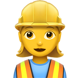 An emoji depicting a female construction worker. She is wearing a yellow hard hat and a high-visibility safety vest over a blue shirt, with a friendly expression on her face. This emoji represents safety and construction.