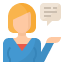 An icon depicting help and support services. The icon features a speech bubble with a question mark inside, held in the open hand of a person, symbolising assistance and customer support.