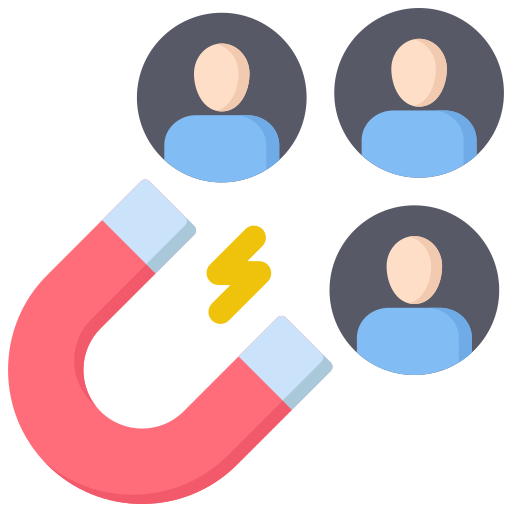    	 An emoji depicting an illustration of a horseshoe shaped magnet facing in a north west direction with a yellow lightening bolt in its centre and circles containing outlines of people being pulled in by the magnet.